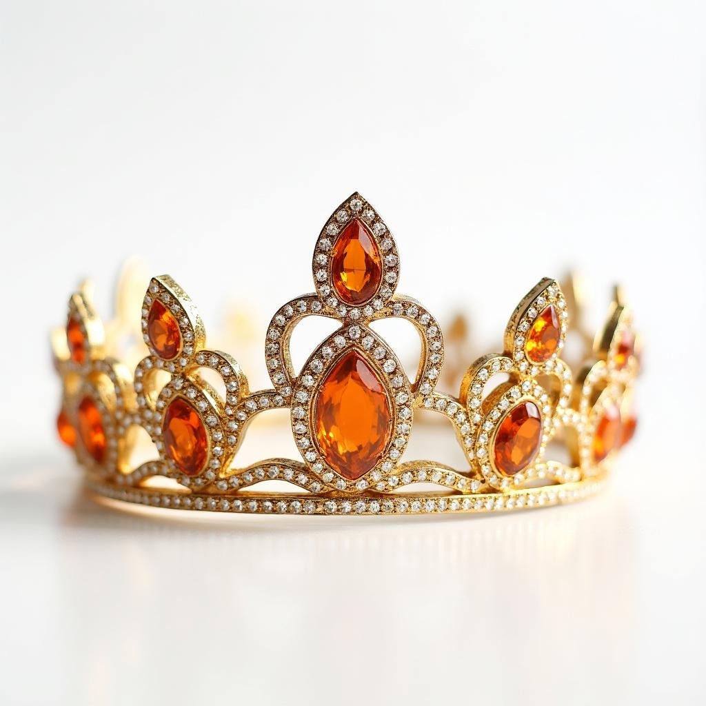 Golden crown with orange gemstones.